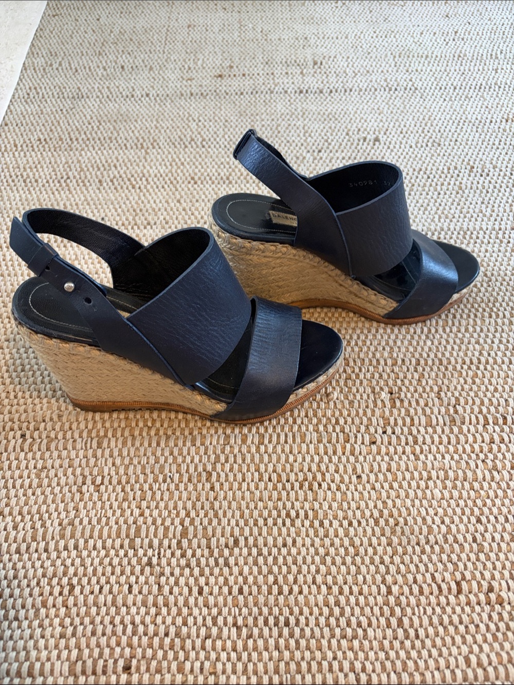 Balenciaga Blue Leather Espadrille Wedge Sandals with Natural Rope Platform